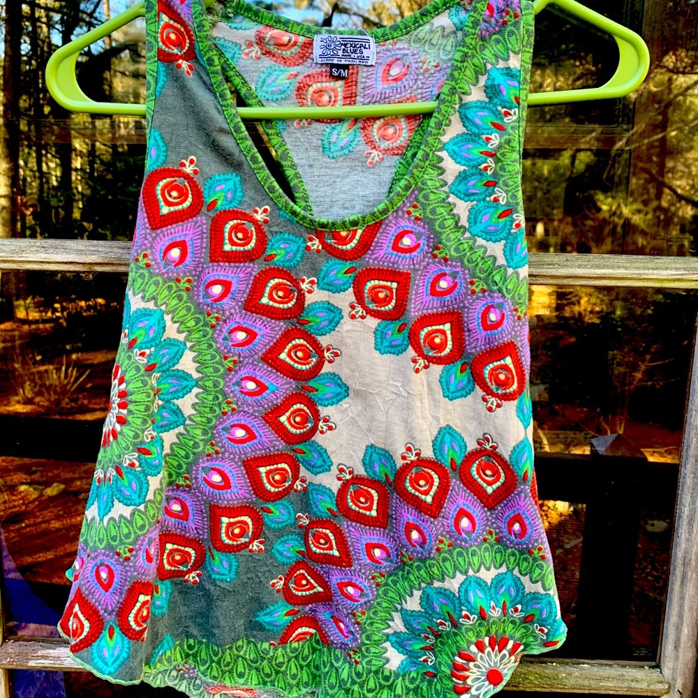 Mexicali Blues boho multicolored racerback tank top shirt patterned crop